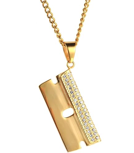 14K Yellow Gold Creative Zirconia Razor Blade Necklace For Men